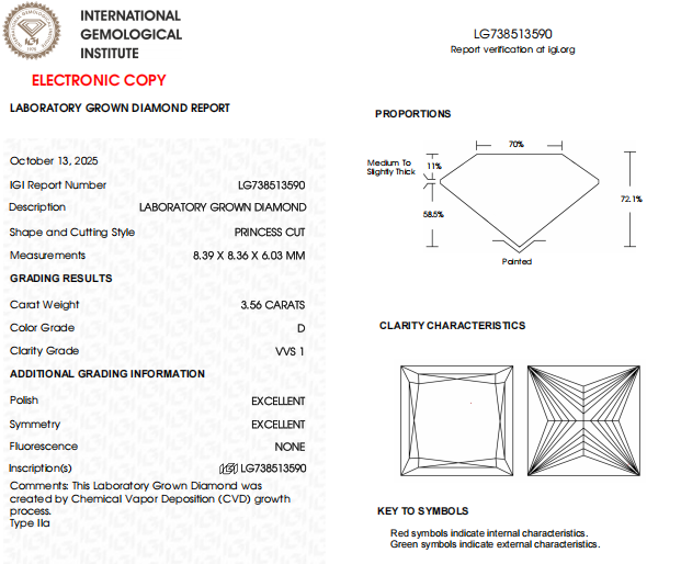 3.56 Carat Princess Cut Lab Grown Diamond | VVS1 Clarity, D Color, | IGI Certified