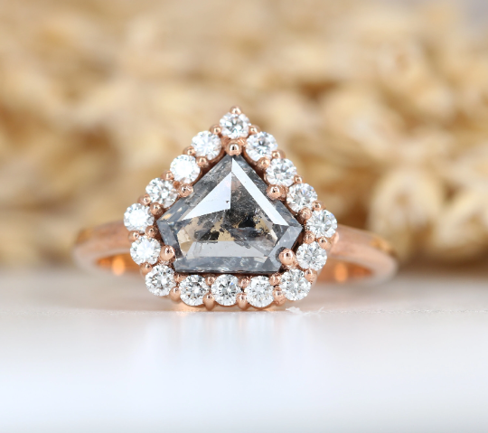 Diamond Shape Salt And Pepper 14K Rose Gold Round Shape Side Stone Halo Engagement Ring For Her - JayKrishna Diamond