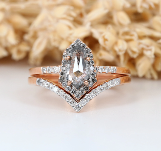 Geometric Shield Shape Salt And Pepper 14K Rose Gold Ring With Round Brilliant Diamond Band - JayKrishna Diamond