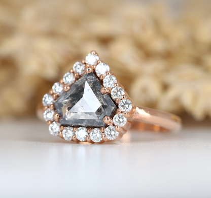 Diamond Shape Salt And Pepper 14K Rose Gold Round Shape Side Stone Halo Engagement Ring For Her - JayKrishna Diamond