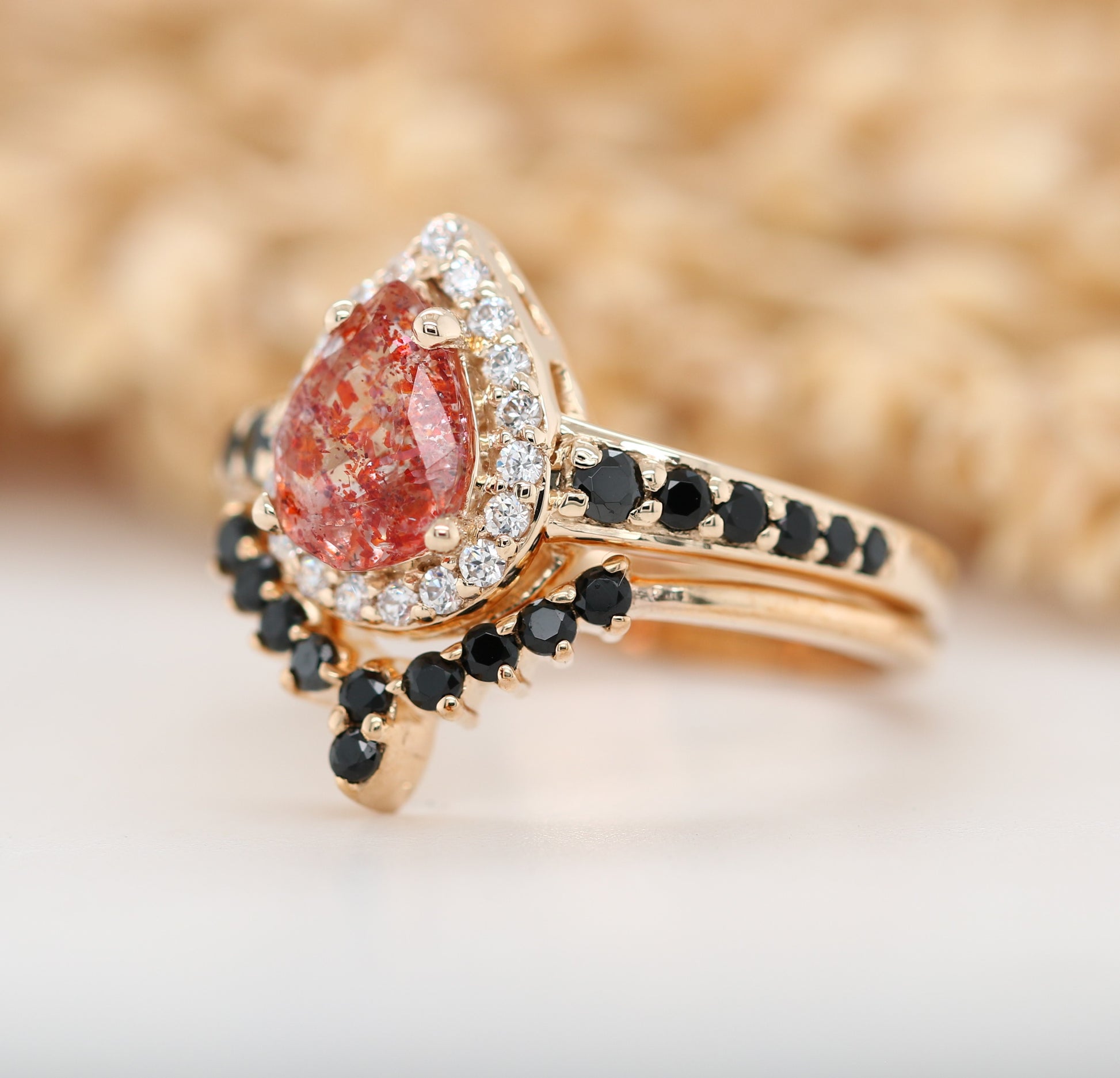 Sun Stone Halo Set Gold Ring and Band Pear Shape Red Galaxy Gemstone Engagement Ring Gift For Her - JayKrishna Diamond