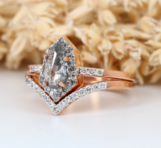 Geometric Shield Shape Salt And Pepper 14K Rose Gold Ring With Round Brilliant Diamond Band - JayKrishna Diamond