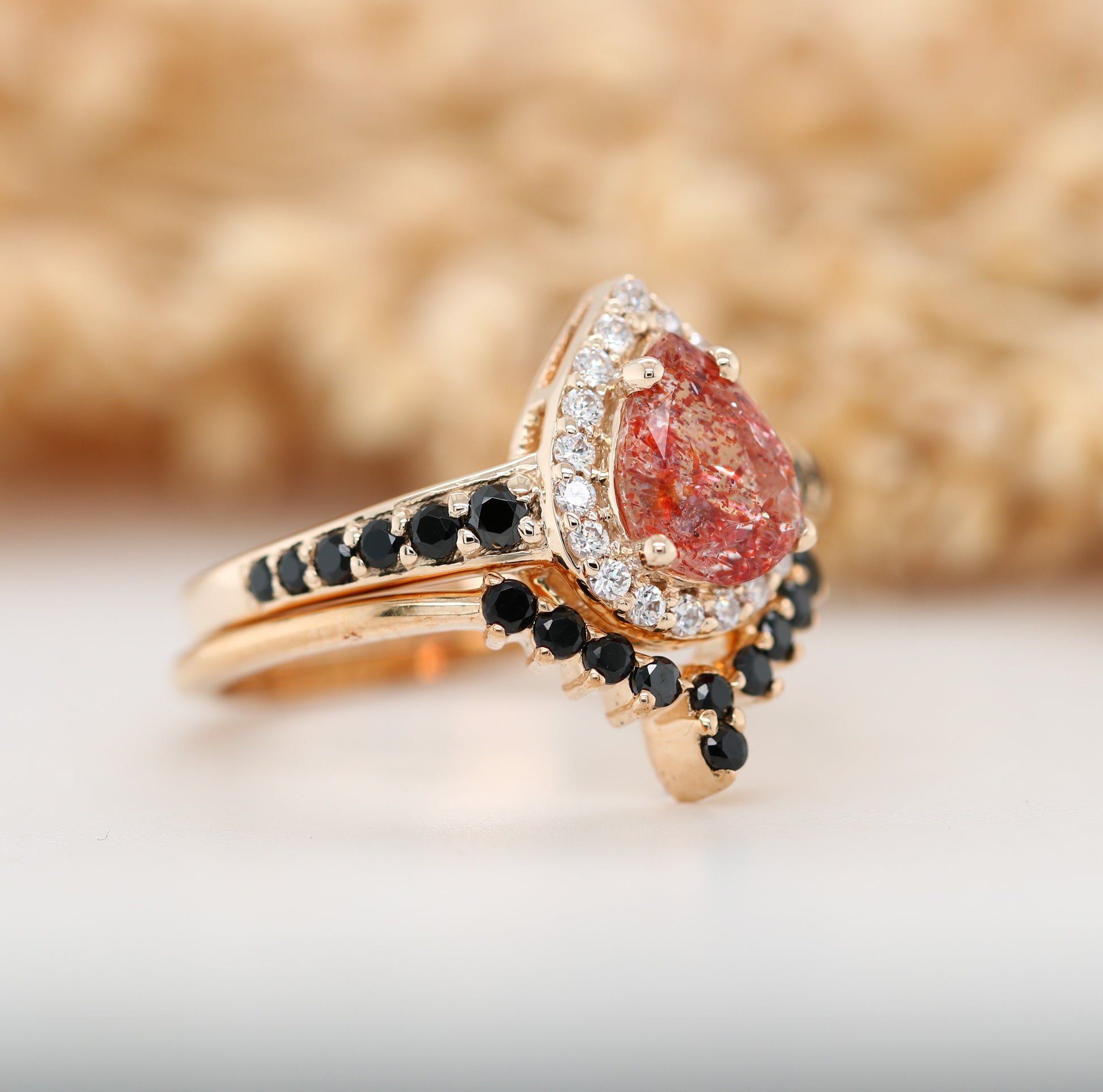Sun Stone Halo Set Gold Ring and Band Pear Shape Red Galaxy Gemstone Engagement Ring Gift For Her - JayKrishna Diamond