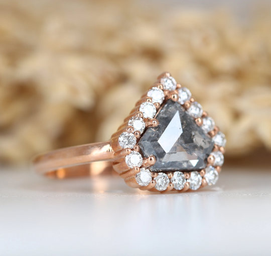 Diamond Shape Salt And Pepper 14K Rose Gold Round Shape Side Stone Halo Engagement Ring For Her - JayKrishna Diamond