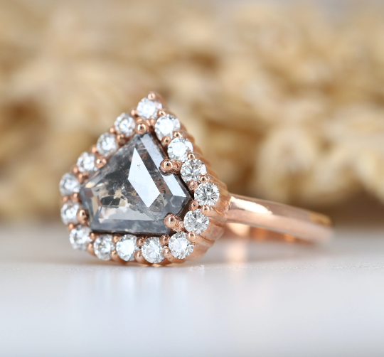 Diamond Shape Salt And Pepper 14K Rose Gold Round Shape Side Stone Halo Engagement Ring For Her - JayKrishna Diamond