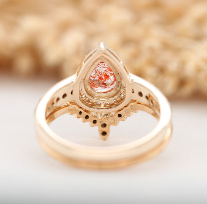 Sun Stone Halo Set Gold Ring and Band Pear Shape Red Galaxy Gemstone Engagement Ring Gift For Her - JayKrishna Diamond