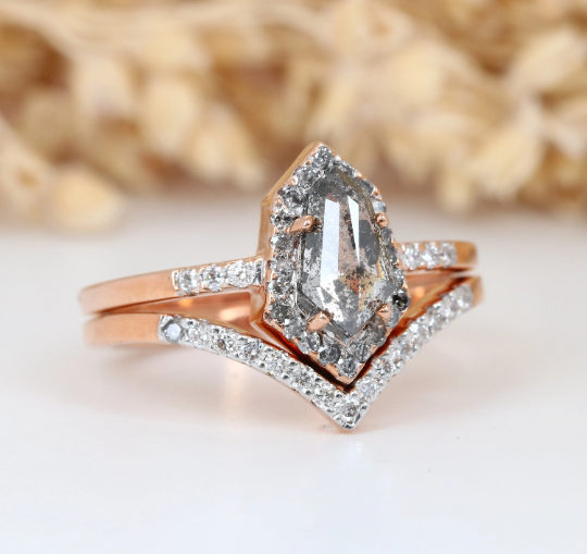 Geometric Shield Shape Salt And Pepper 14K Rose Gold Ring With Round Brilliant Diamond Band - JayKrishna Diamond