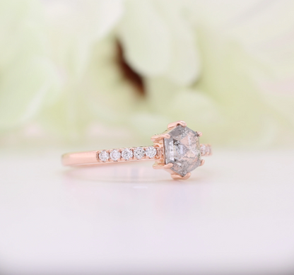 Hexagon Shape Salt And Pepper Diamond 6 Prongs 14K Rose Gold Engagement Ring - JayKrishna Diamond