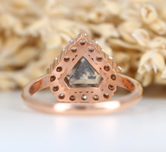 Diamond Shape Salt And Pepper 14K Rose Gold Round Shape Side Stone Halo Engagement Ring For Her - JayKrishna Diamond