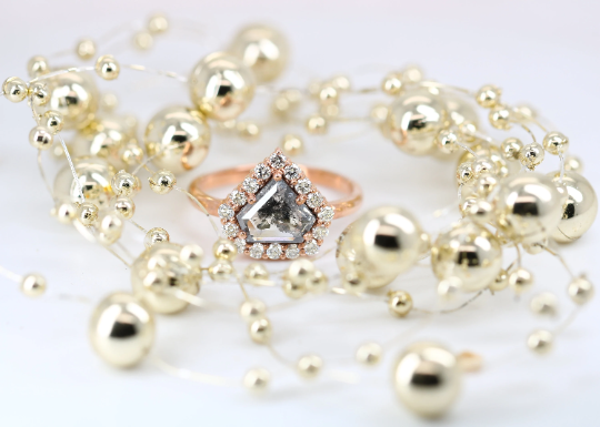 Diamond Shape Salt And Pepper 14K Rose Gold Round Shape Side Stone Halo Engagement Ring For Her - JayKrishna Diamond