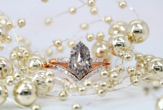 Geometric Shield Shape Salt And Pepper 14K Rose Gold Ring With Round Brilliant Diamond Band - JayKrishna Diamond