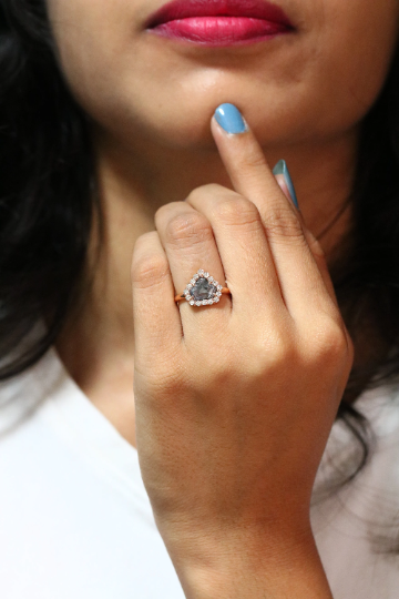 Diamond Shape Salt And Pepper 14K Rose Gold Round Shape Side Stone Halo Engagement Ring For Her - JayKrishna Diamond
