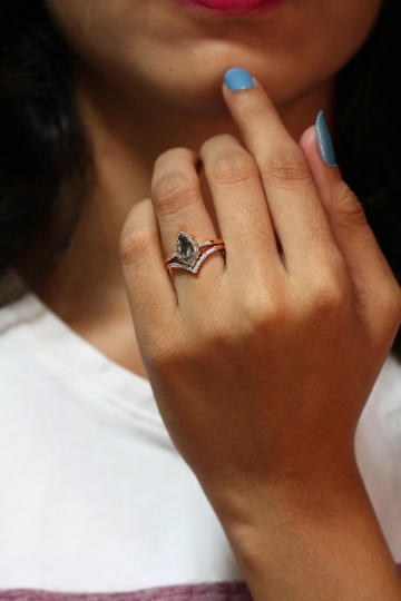 Geometric Shield Shape Salt And Pepper 14K Rose Gold Ring With Round Brilliant Diamond Band - JayKrishna Diamond