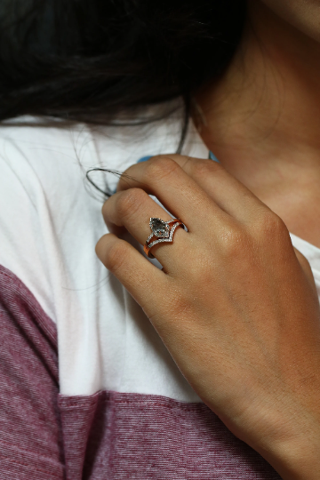 Geometric Shield Shape Salt And Pepper 14K Rose Gold Ring With Round Brilliant Diamond Band - JayKrishna Diamond