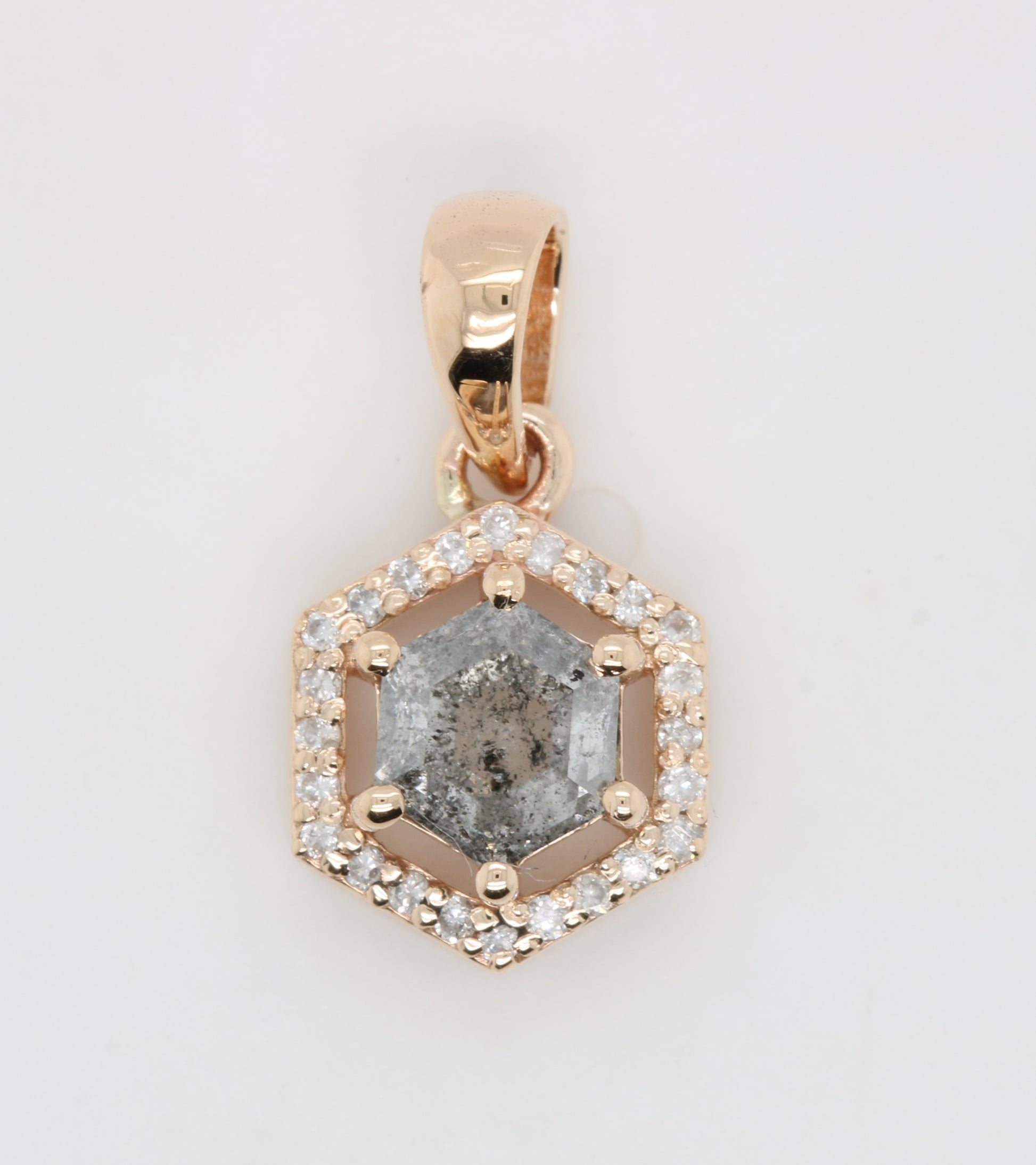 Salt And Pepper Diamond Pendant Hexagon Halo Pendant 10K Gold Diamond Pendant - JayKrishna Diamond