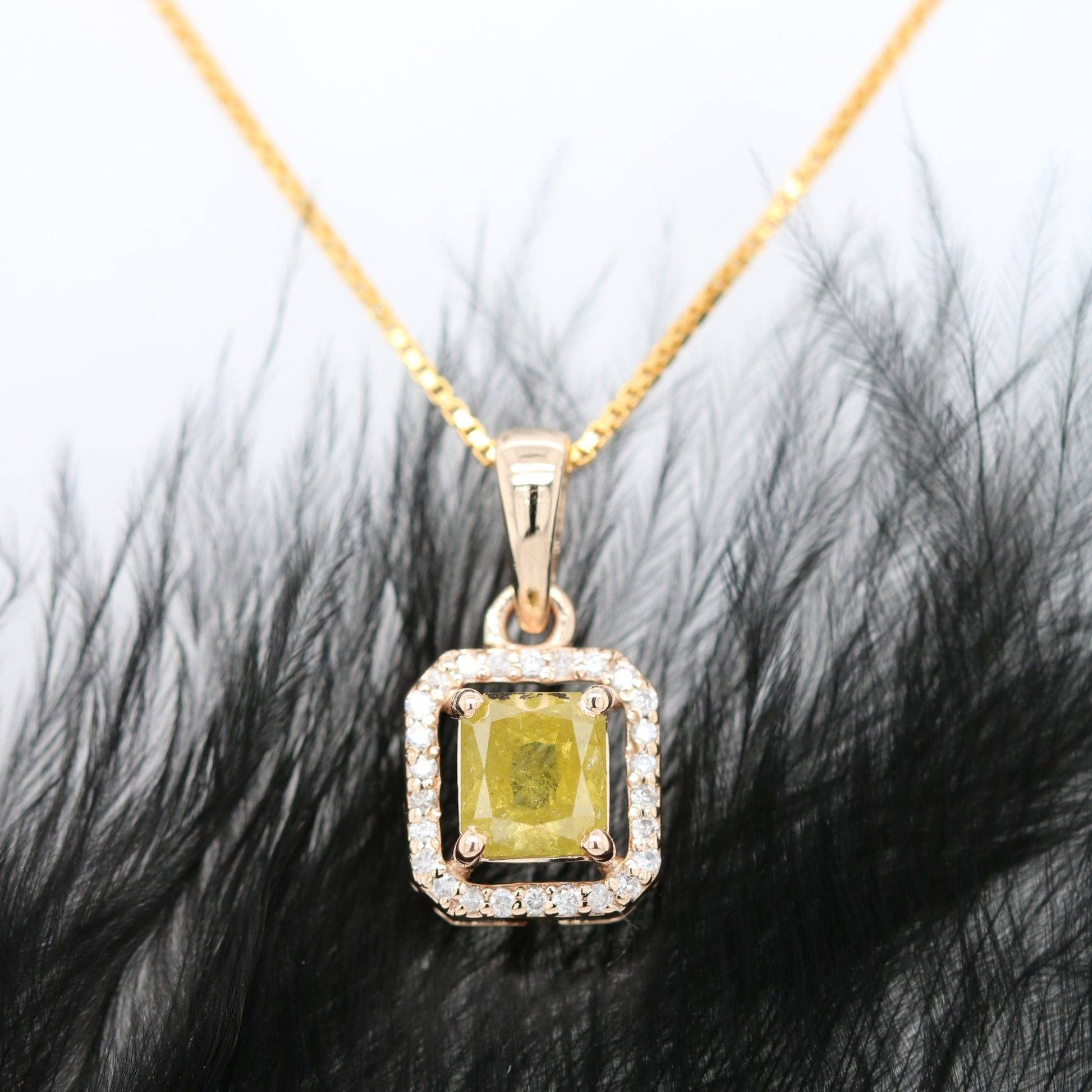 Yellow Asscher Cut Diamond Halo Pendant 18K Gold Chain Pendant Necklace For Women - JayKrishna Diamond