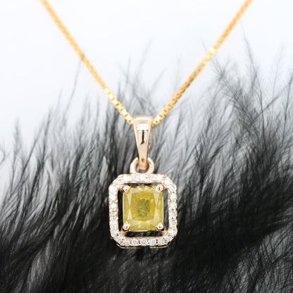 Yellow Asscher Cut Diamond Halo Pendant 18K Gold Chain Pendant Necklace For Women - JayKrishna Diamond