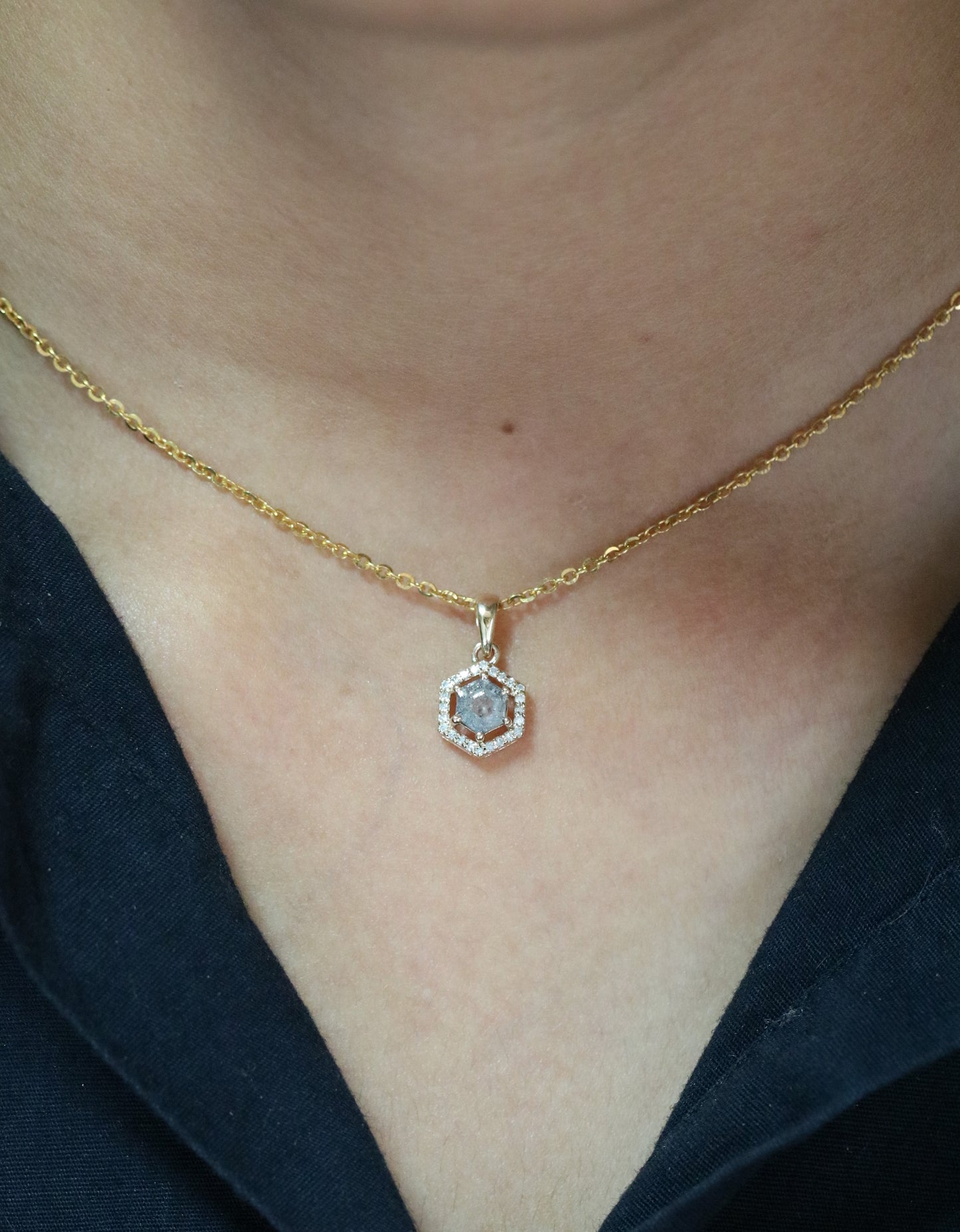 Hexagon Salt and Pepper Diamond Halo Pendant with 18K Yellow Gold Chain Necklace - JayKrishna Diamond
