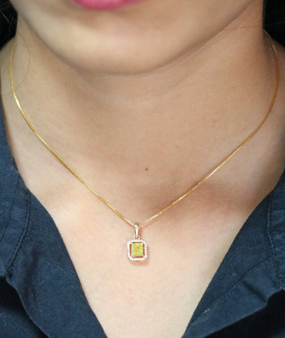 Yellow Asscher Cut Diamond Halo Pendant 18K Gold Chain Pendant Necklace For Women - JayKrishna Diamond