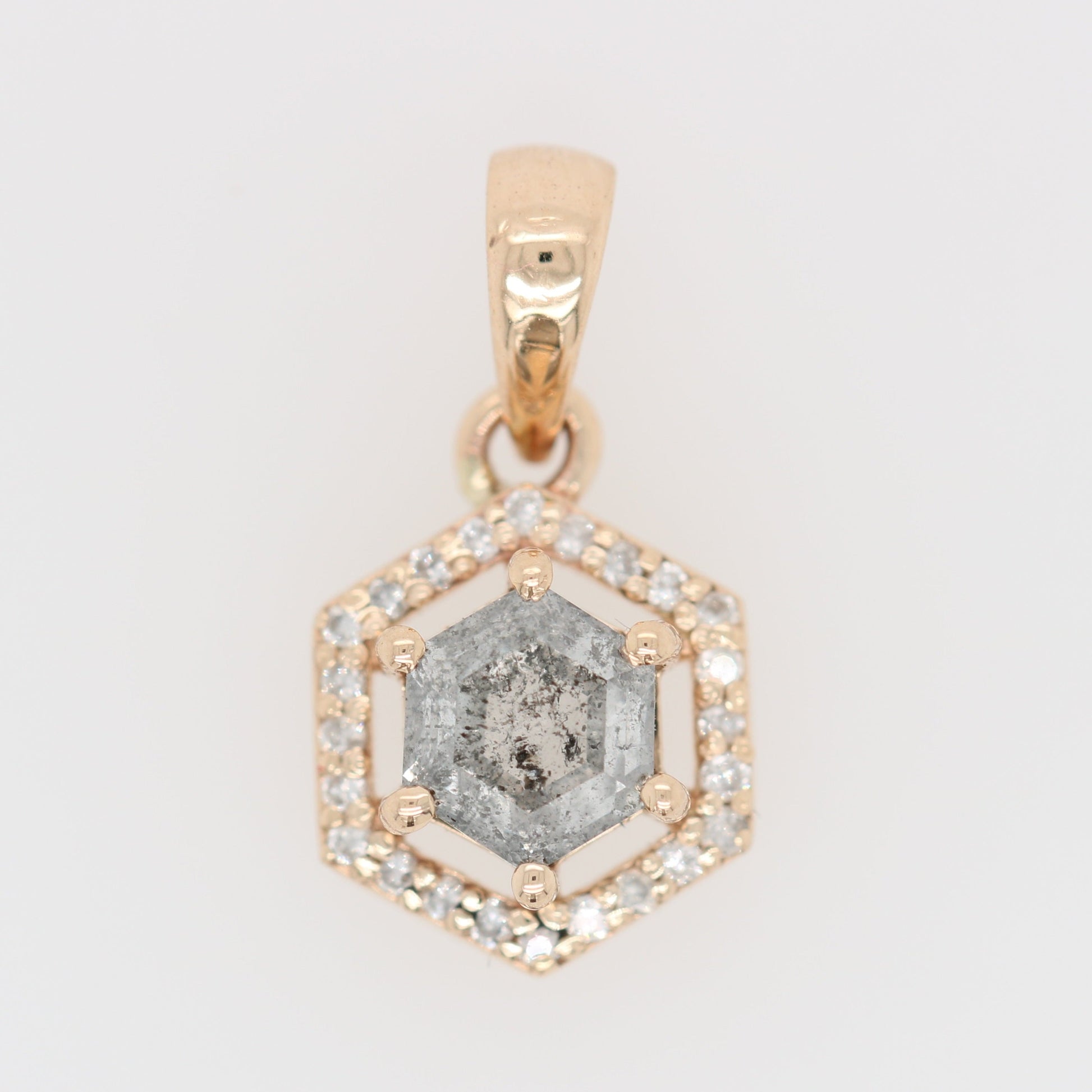 Salt And Pepper Diamond Pendant Hexagon Halo Pendant 10K Gold Diamond Pendant - JayKrishna Diamond