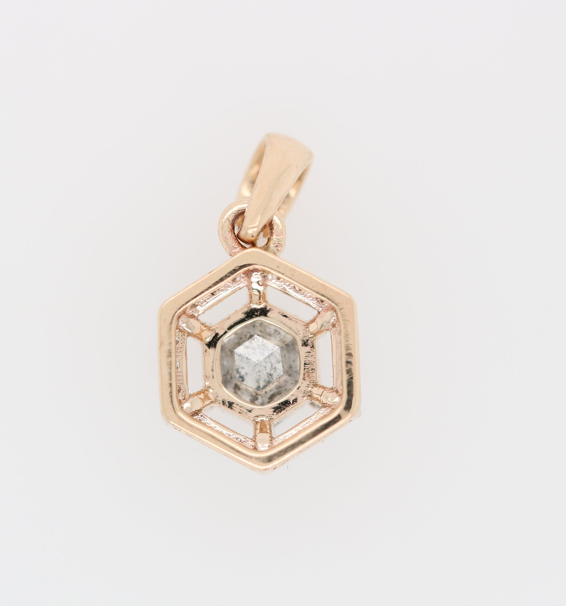Salt And Pepper Diamond Pendant Hexagon Halo Pendant 10K Gold Diamond Pendant - JayKrishna Diamond