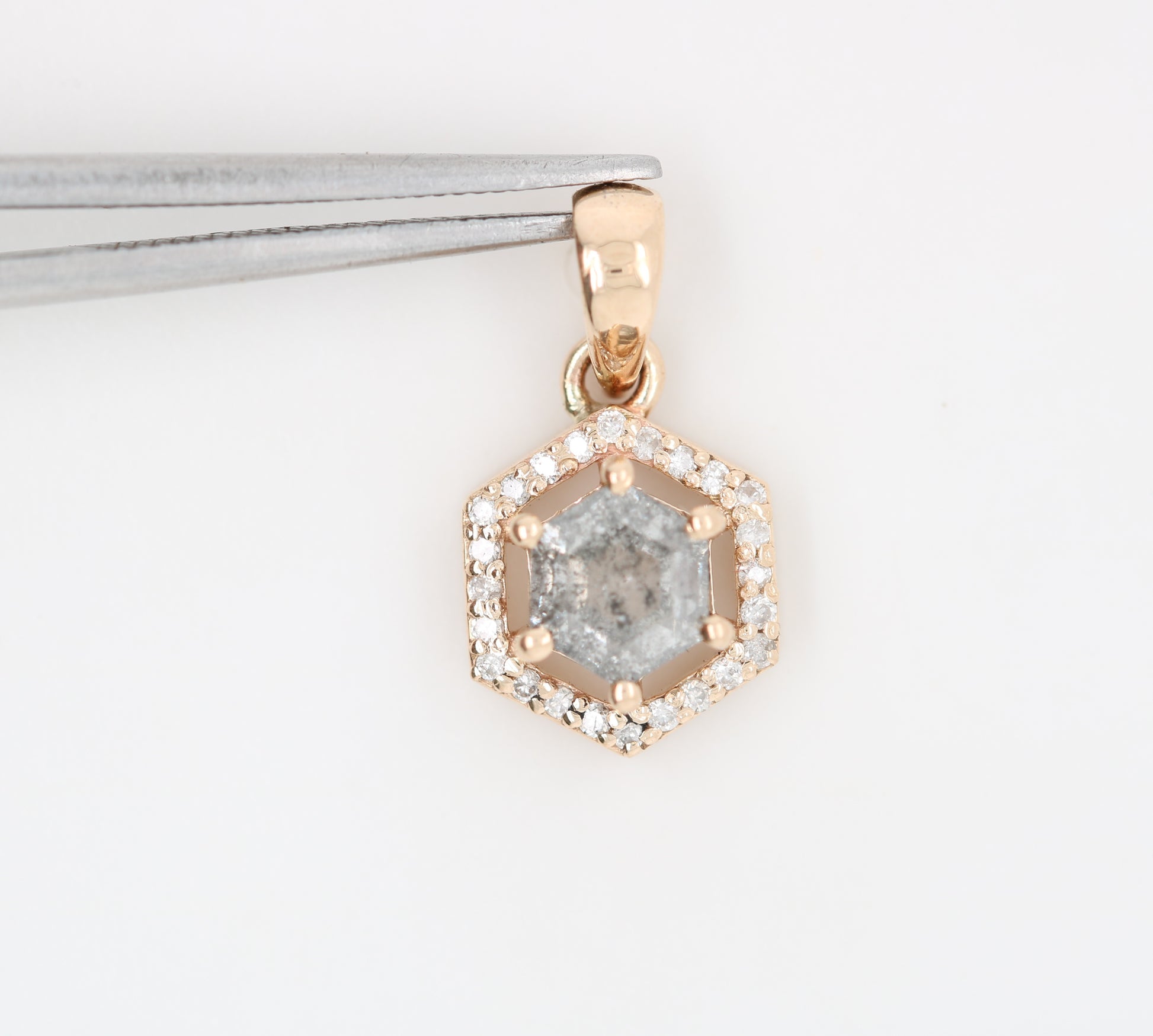 Salt And Pepper Diamond Pendant Hexagon Halo Pendant 10K Gold Diamond Pendant - JayKrishna Diamond