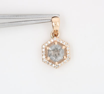 Salt And Pepper Diamond Pendant Hexagon Halo Pendant 10K Gold Diamond Pendant - JayKrishna Diamond