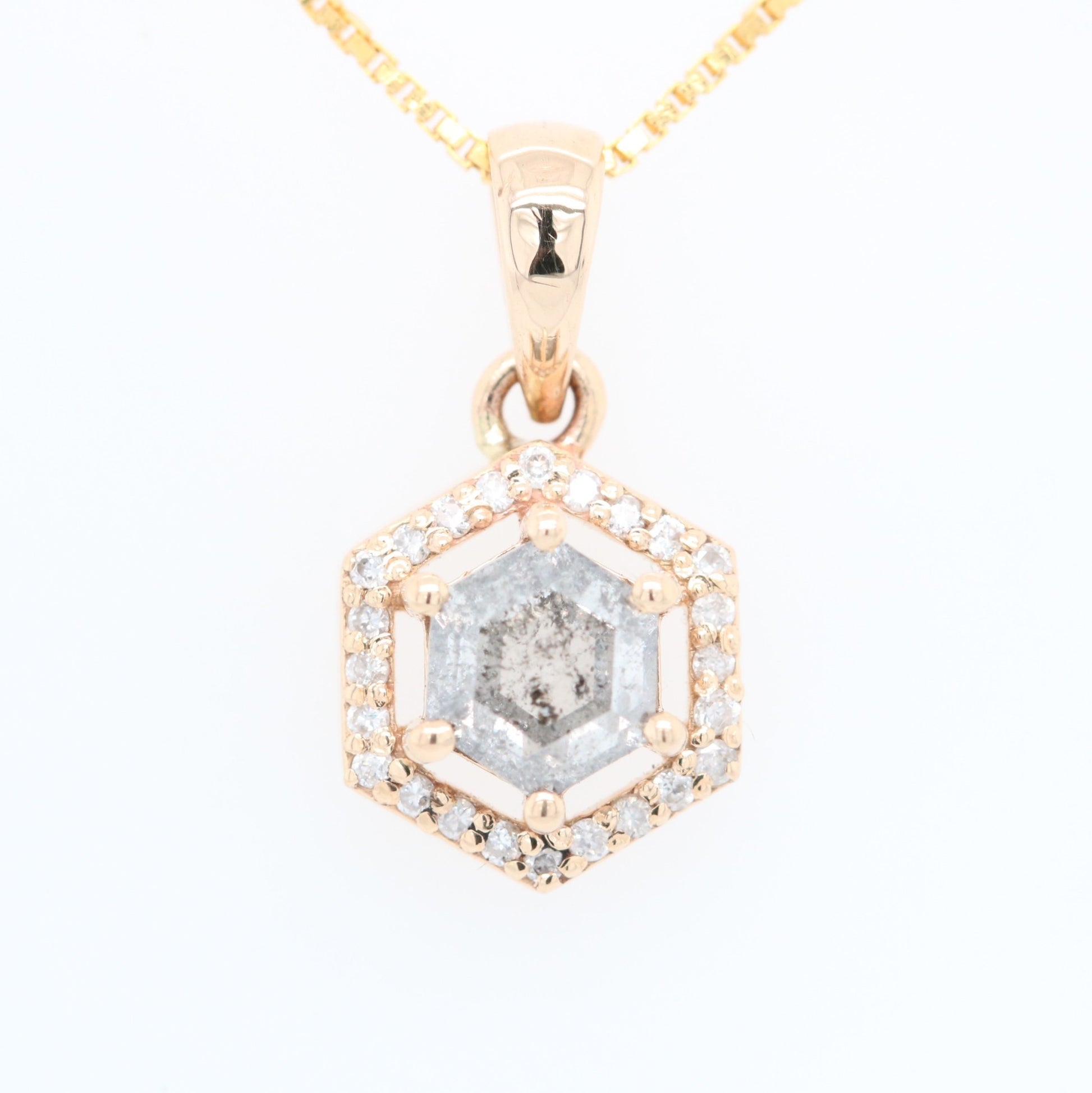 Salt and Pepper Diamond Hexagon Halo Pendant 18K Gold Chain Necklace For Women - JayKrishna Diamond