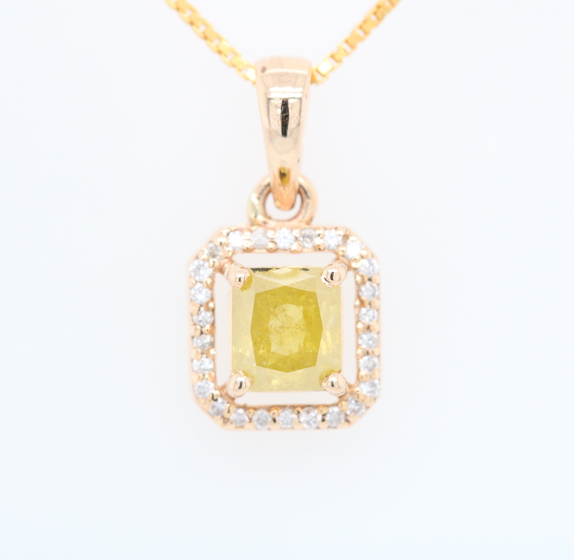 Yellow Asscher Cut Diamond Halo Pendant 18K Gold Chain Pendant Necklace For Women - JayKrishna Diamond
