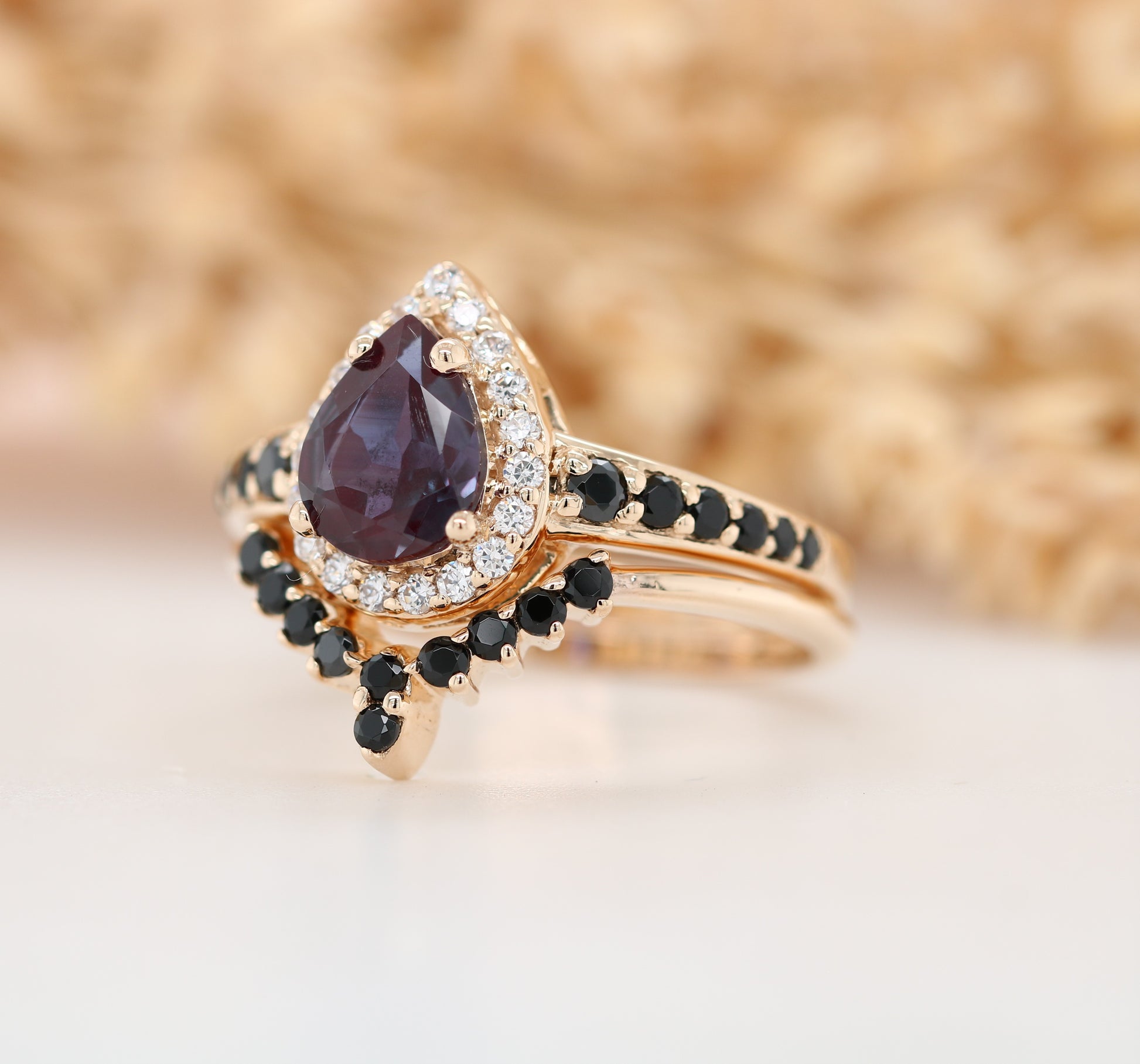 Vintage Alexandrite Ring, Pear Shape Halo Set Gold Ring, Promise Ring - JayKrishna Diamond