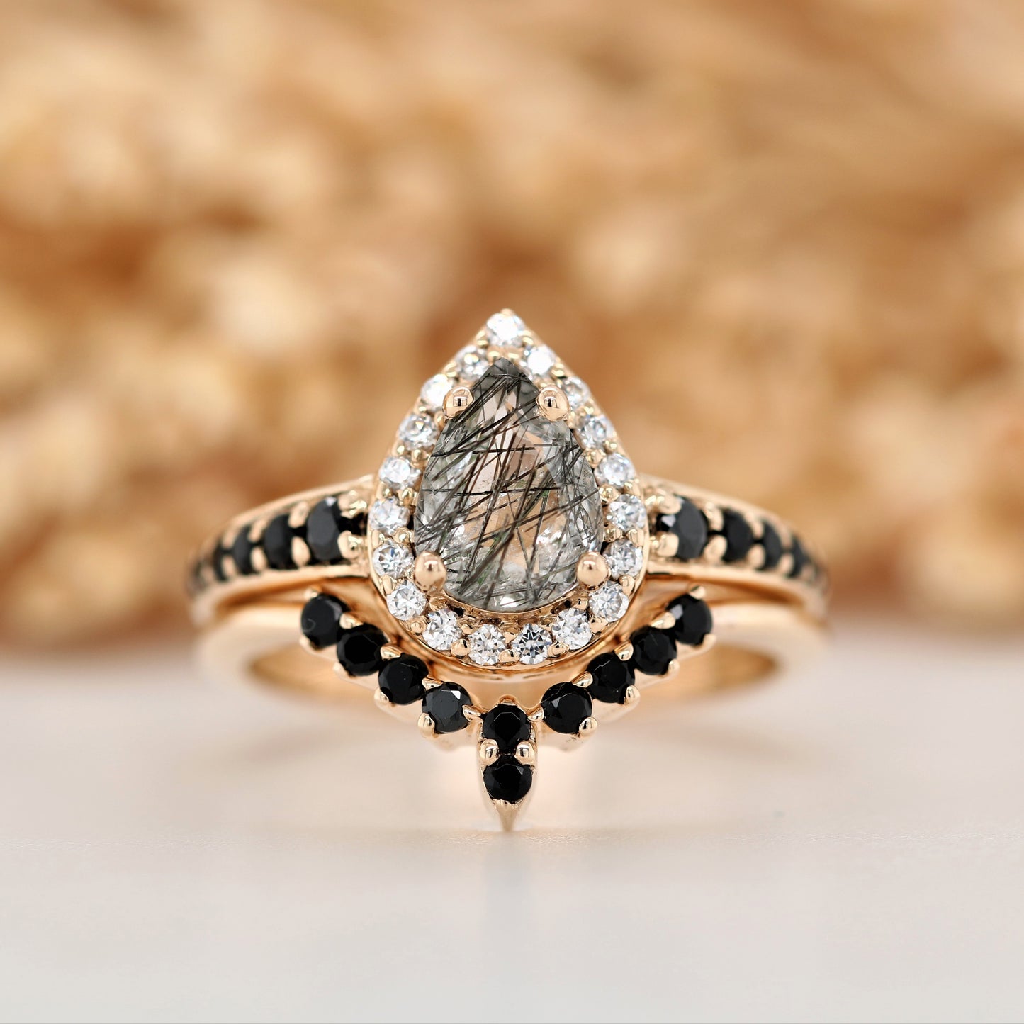 Yellow Gold Pave Band Pear Halo Black Rutilated Quartz Engagement Ring - JayKrishna Diamond