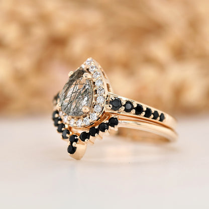 Yellow Gold Pave Band Pear Halo Black Rutilated Quartz Engagement Ring - JayKrishna Diamond