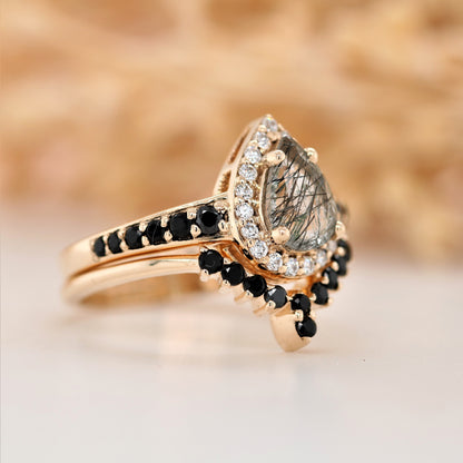 Yellow Gold Pave Band Pear Halo Black Rutilated Quartz Engagement Ring - JayKrishna Diamond