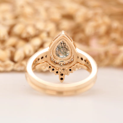 Yellow Gold Pave Band Pear Halo Black Rutilated Quartz Engagement Ring - JayKrishna Diamond