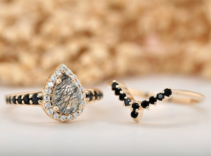 Yellow Gold Pave Band Pear Halo Black Rutilated Quartz Engagement Ring - JayKrishna Diamond