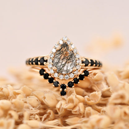 Yellow Gold Pave Band Pear Halo Black Rutilated Quartz Engagement Ring - JayKrishna Diamond