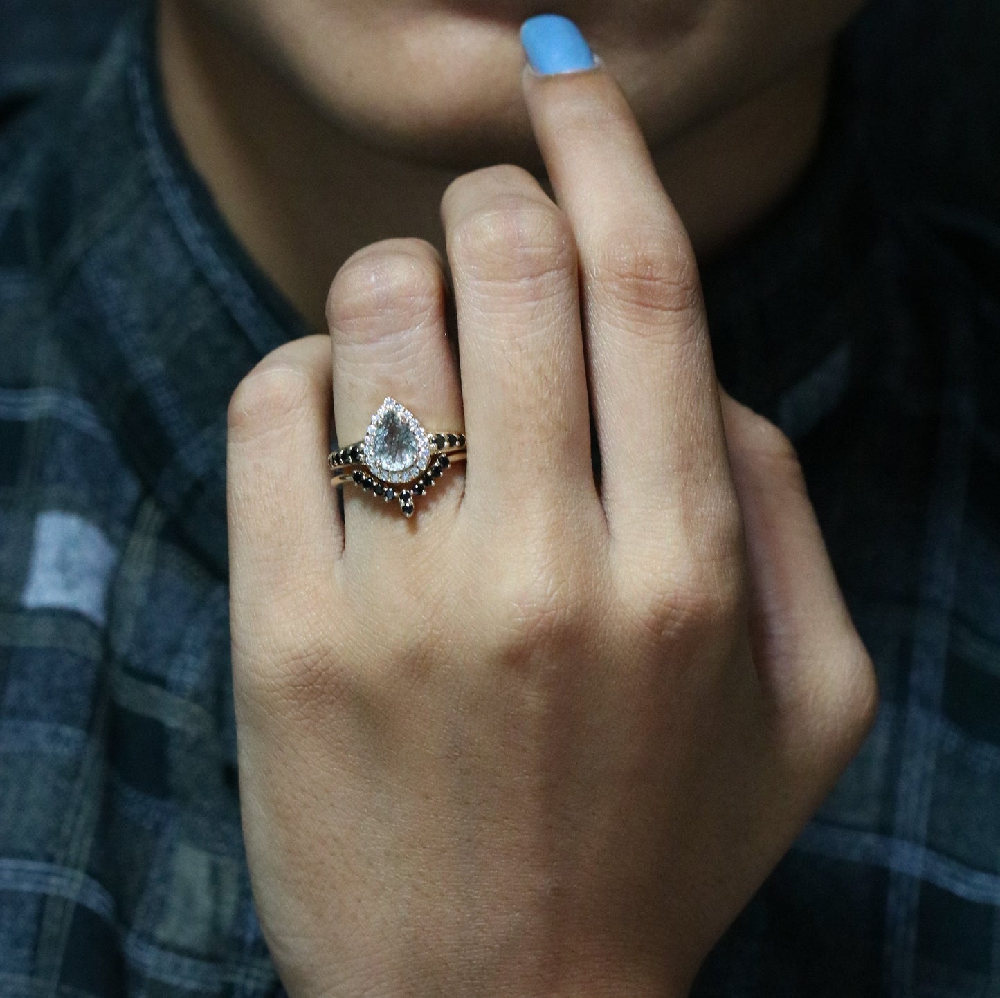 Yellow Gold Pave Band Pear Halo Black Rutilated Quartz Engagement Ring - JayKrishna Diamond