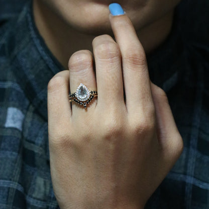 Yellow Gold Pave Band Pear Halo Black Rutilated Quartz Engagement Ring - JayKrishna Diamond