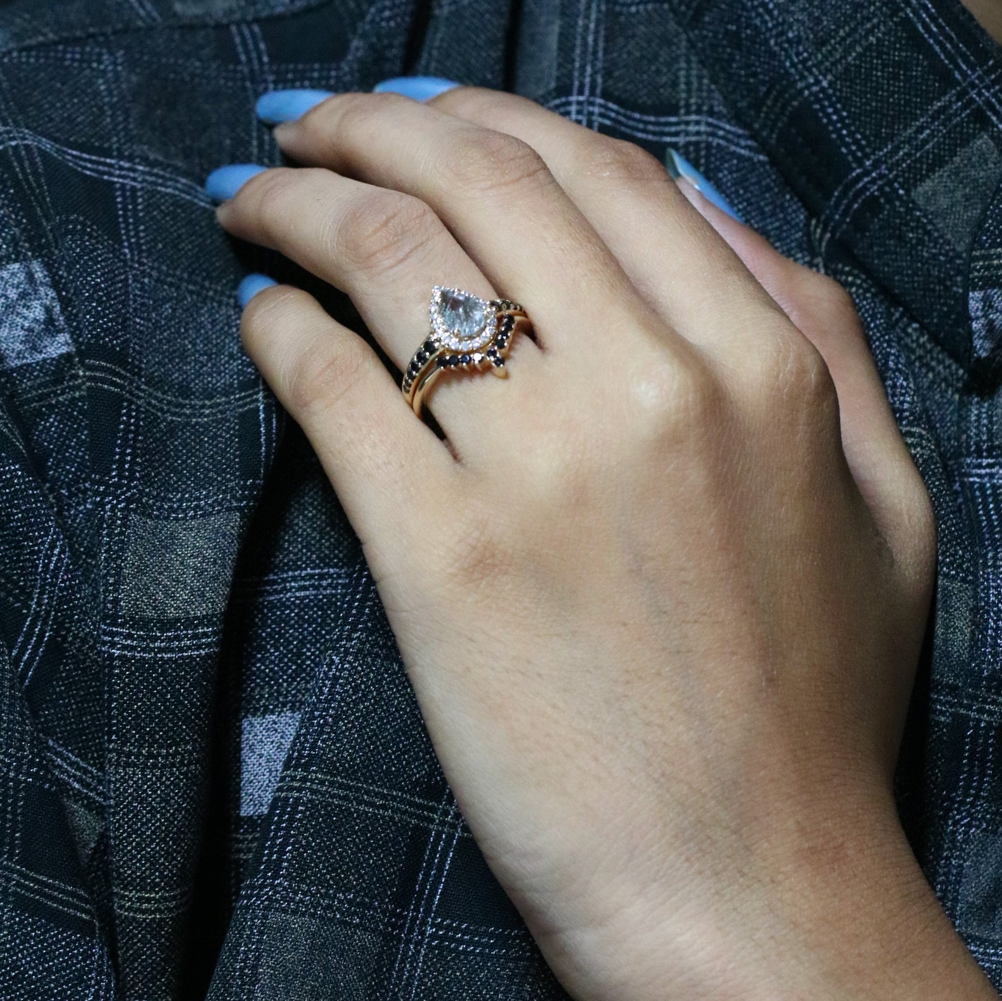 Yellow Gold Pave Band Pear Halo Black Rutilated Quartz Engagement Ring - JayKrishna Diamond