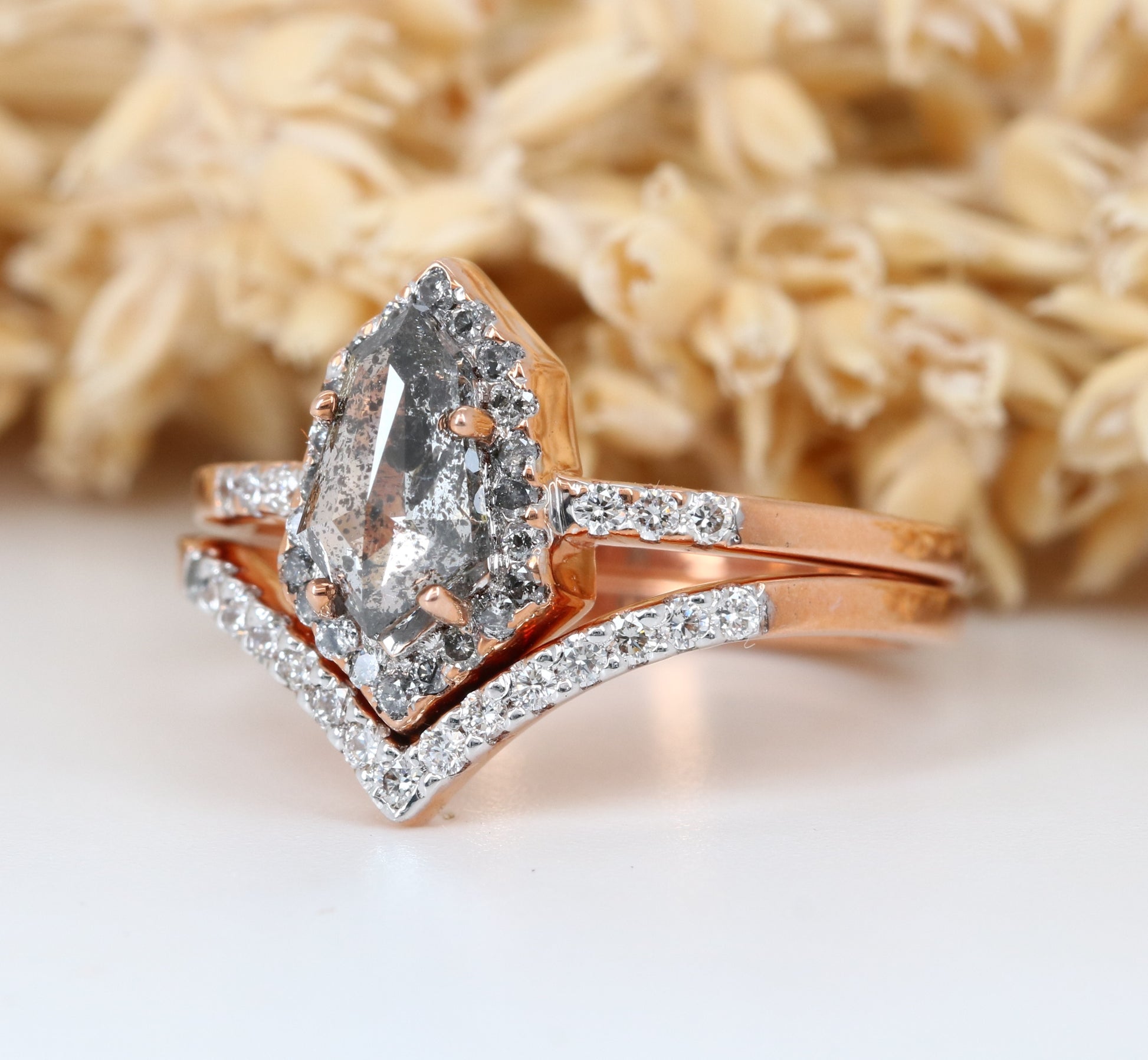 Salt and Pepper Diamond Engagement Ring Geometric Shield Cut Diamond With Band - JayKrishna Diamond