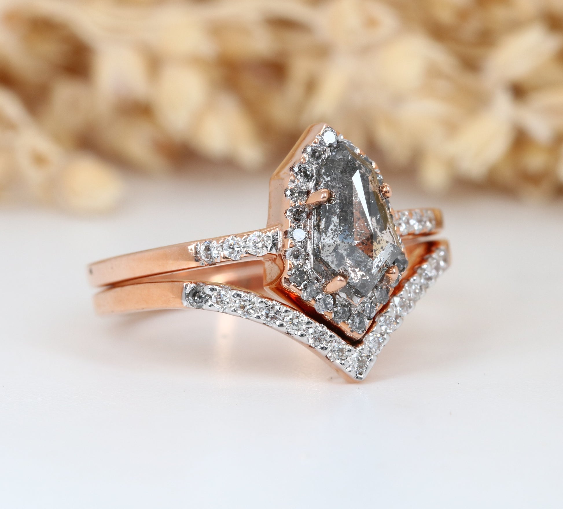 Salt and Pepper Diamond Engagement Ring Geometric Shield Cut Diamond With Band - JayKrishna Diamond
