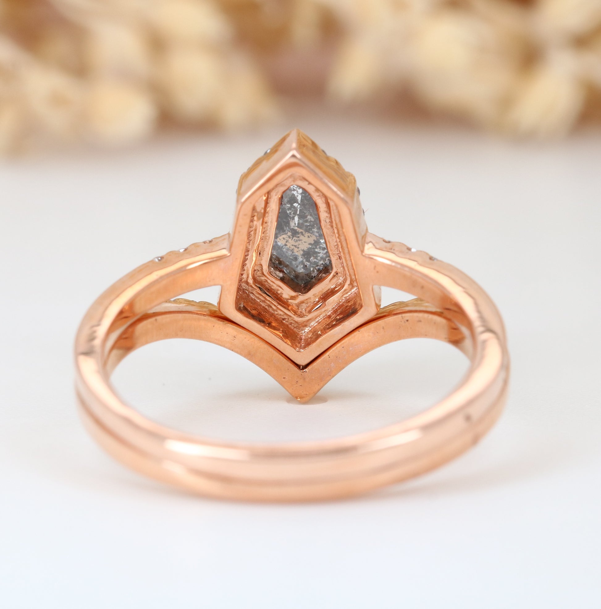 Salt and Pepper Diamond Engagement Ring Geometric Shield Cut Diamond With Band - JayKrishna Diamond