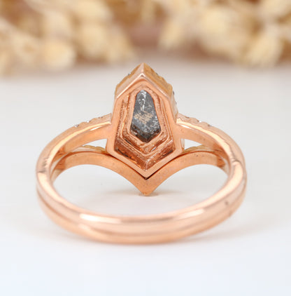 Salt and Pepper Diamond Engagement Ring Geometric Shield Cut Diamond With Band - JayKrishna Diamond