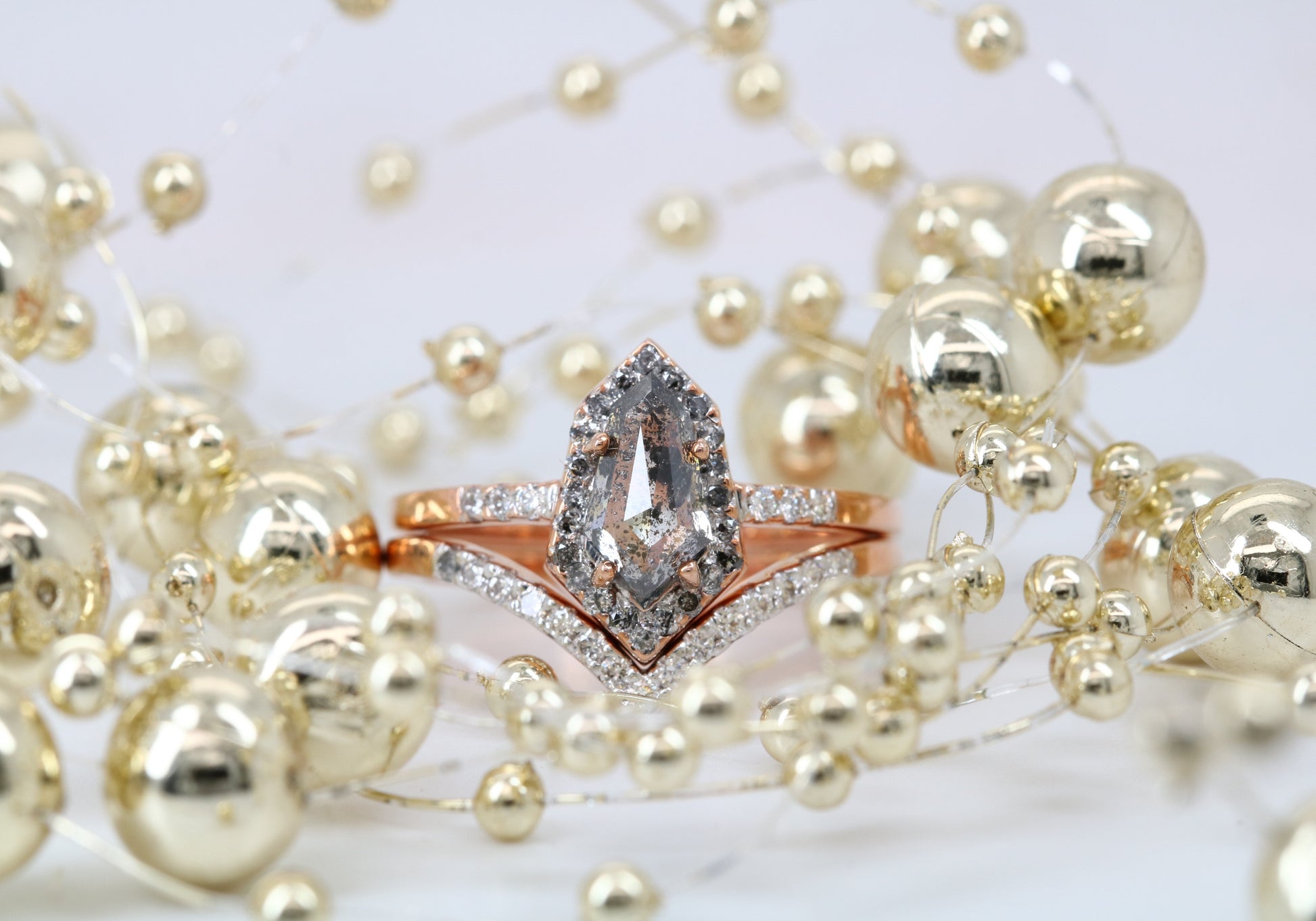 Salt and Pepper Diamond Engagement Ring Geometric Shield Cut Diamond With Band - JayKrishna Diamond