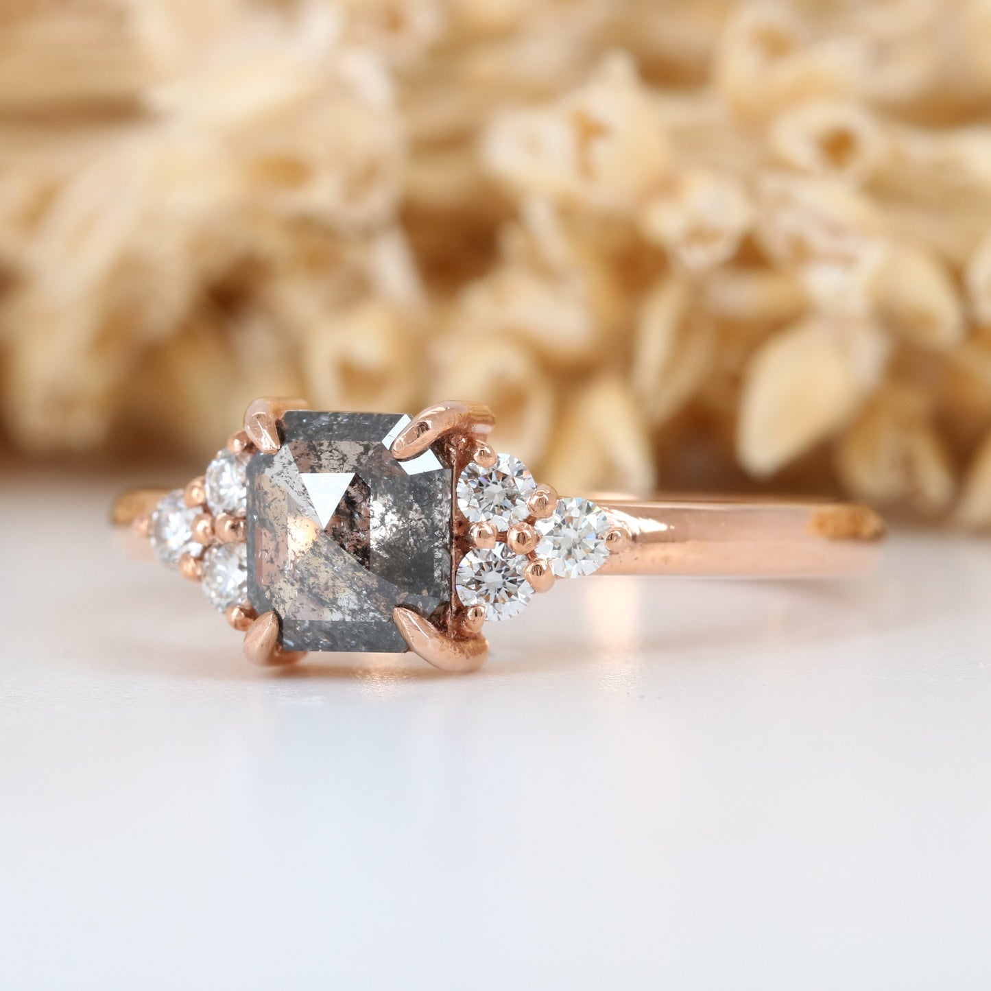 Asscher Cut Salt And Pepper Rose Gold Engagement Ring - JayKrishna Diamond