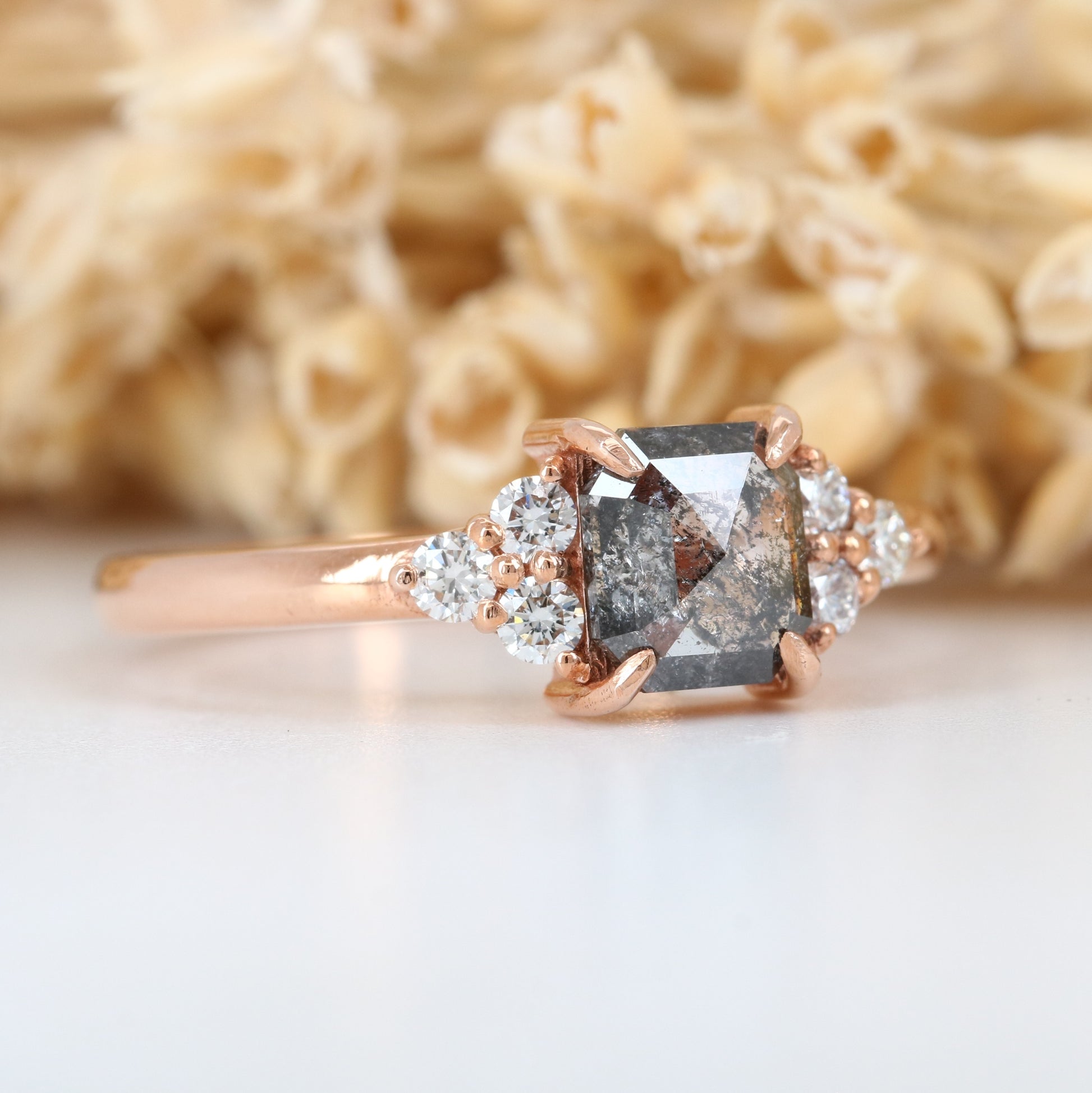 Asscher Cut Salt And Pepper Rose Gold Engagement Ring - JayKrishna Diamond