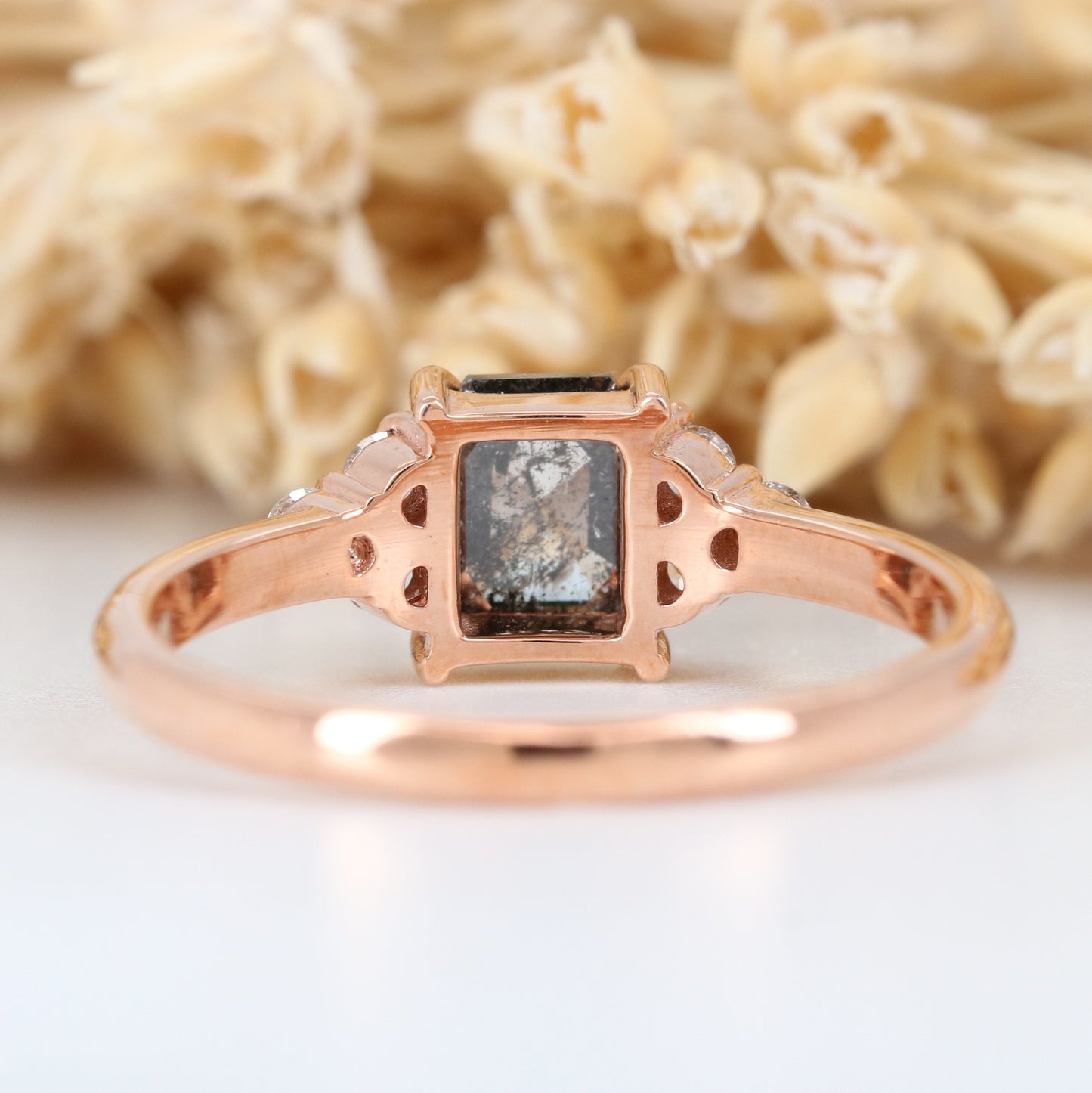 Asscher Cut Salt And Pepper Rose Gold Engagement Ring - JayKrishna Diamond