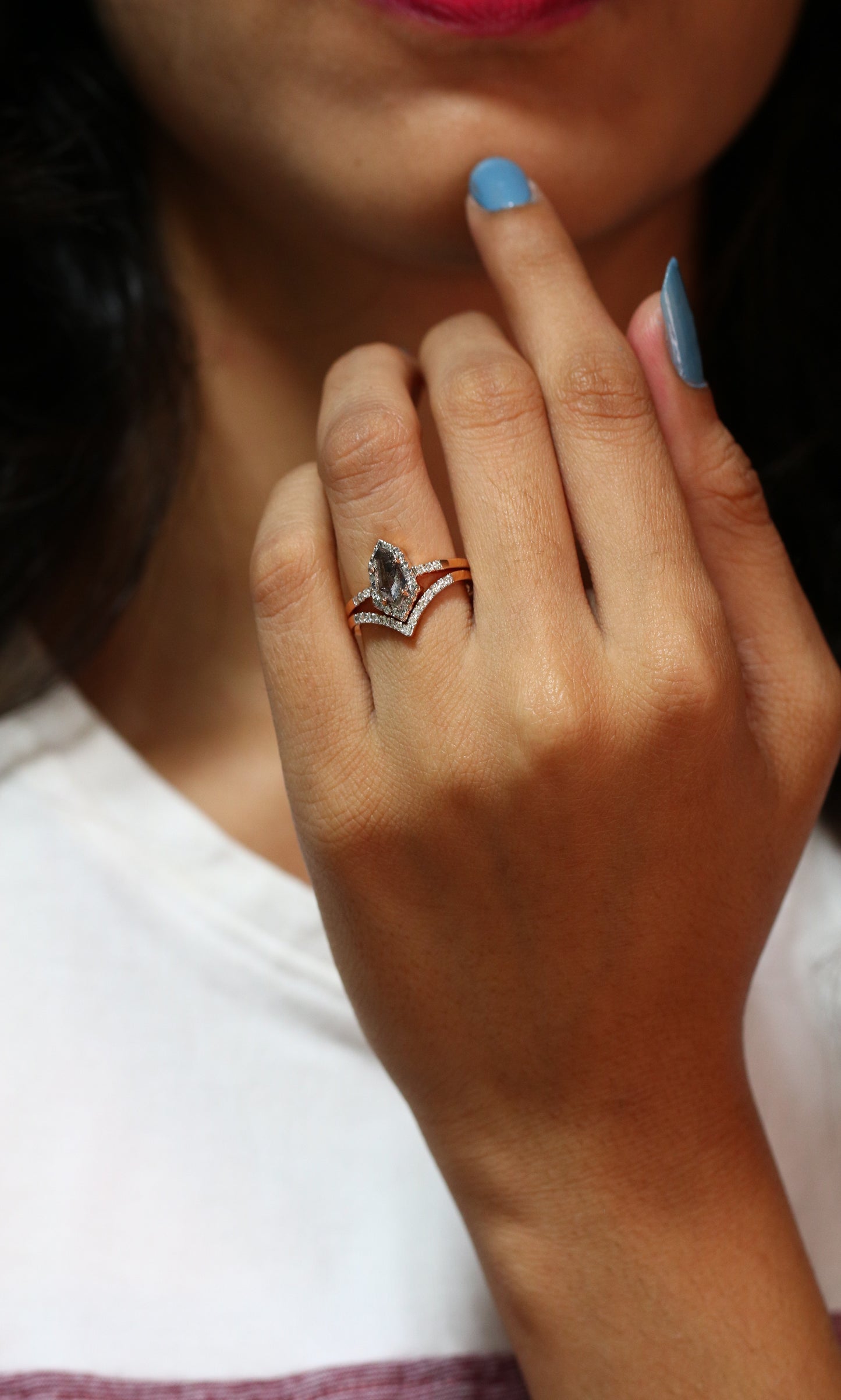 Salt and Pepper Diamond Engagement Ring Geometric Shield Cut Diamond With Band - JayKrishna Diamond