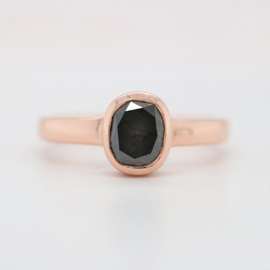 Salt And Pepper Oval Cut Diamond On Bezel Set 14K Rose Gold Galaxy Diamond Engagement Ring For Her - JayKrishna Diamond