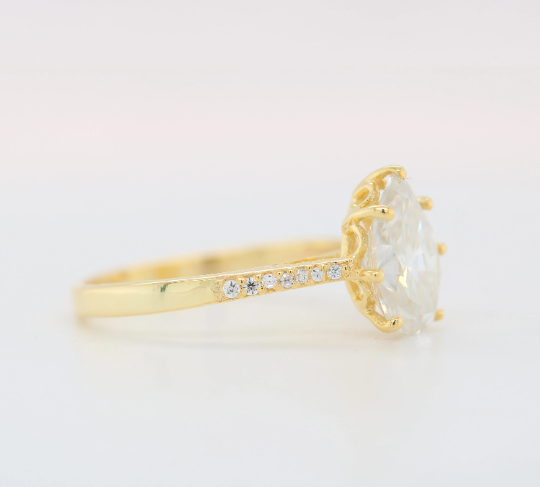 Pear moissanite Engagement Ring/ Colorless Moissanite Wedding Ring/ Moissanite Bridal Ring/ 14k Gold Freeform Shank Proposal Ring - JayKrishna Diamond